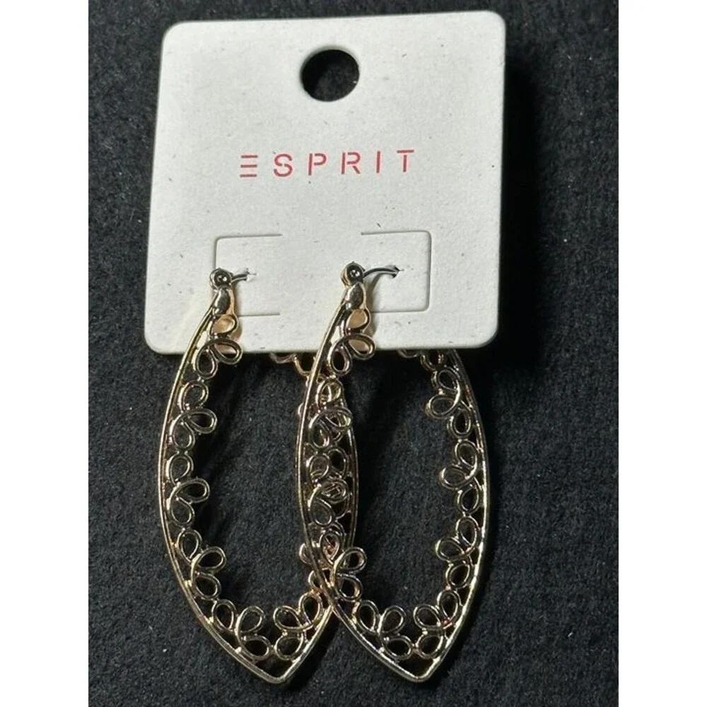 ESPRIT Gold Tone Filigree Teardrop Marquise Hoop Earrings Boho New Pair